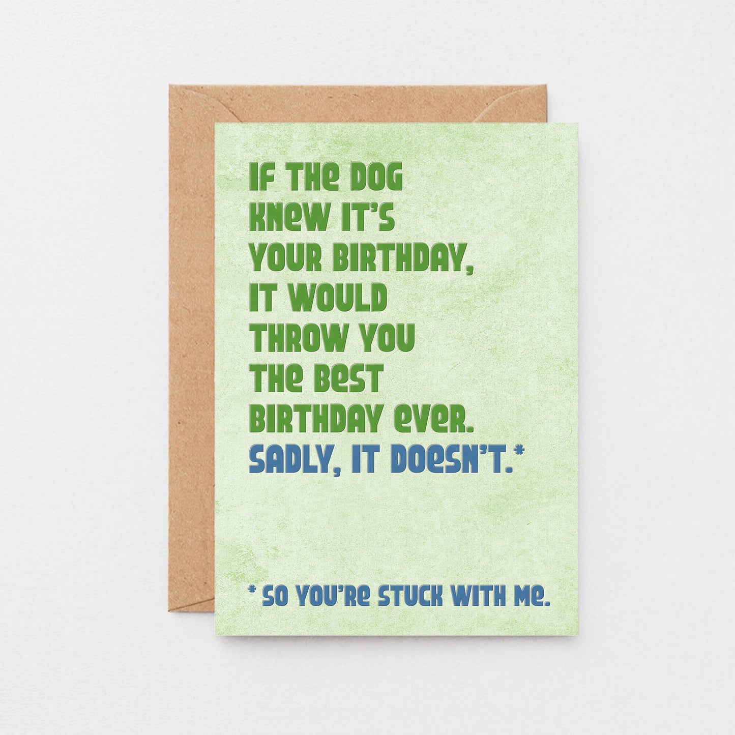 Birthday card with the text If the dog knew it's your birthday, it would throw you the best birthday ever. Sadly, it doesn't. Designed by SixElevenCreations in the UK. Product Code SE1301A6