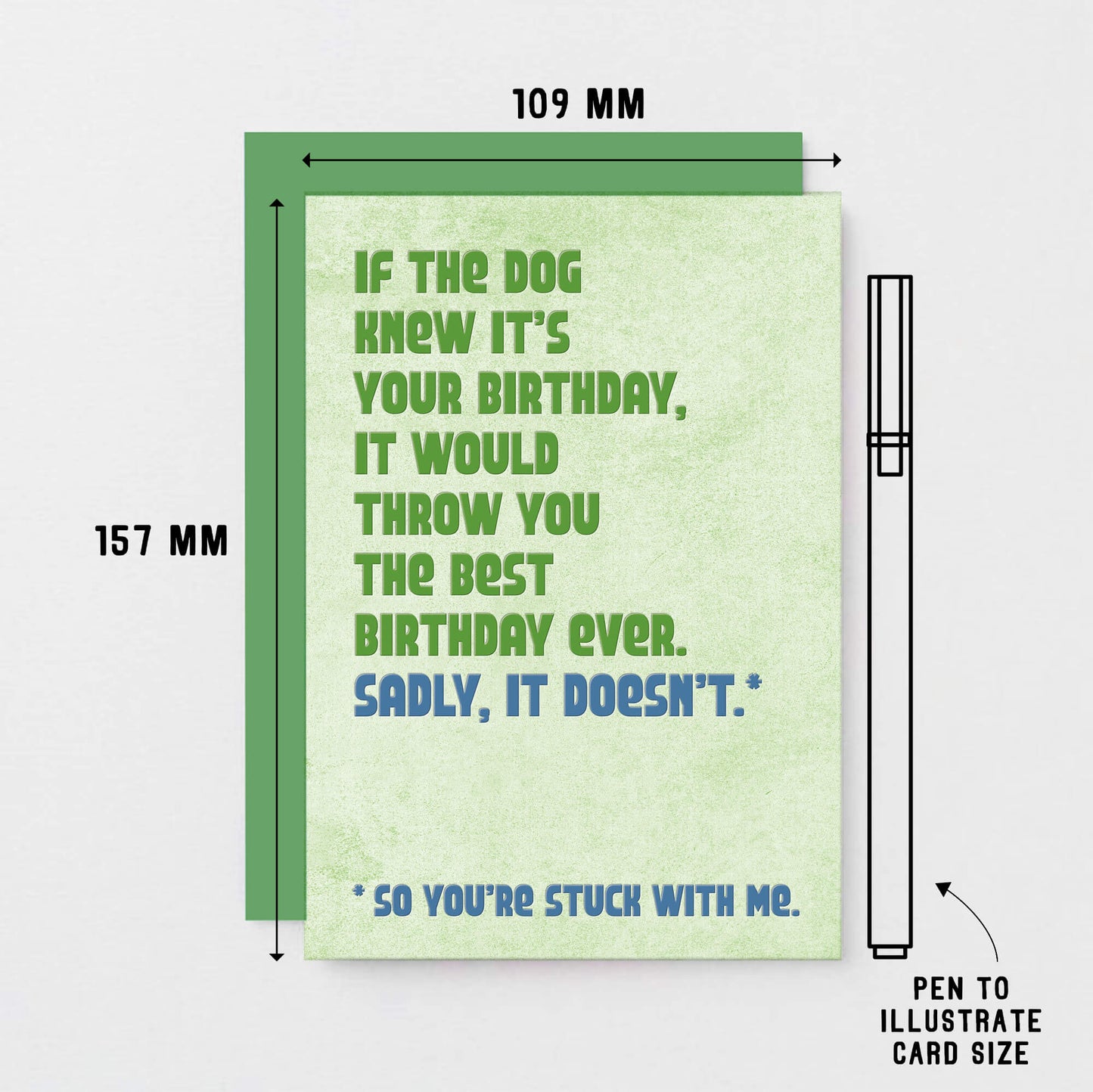 Birthday card with the text If the dog knew it's your birthday, it would throw you the best birthday ever. Sadly, it doesn't. Designed by SixElevenCreations in the UK. Product Code SE1301A6