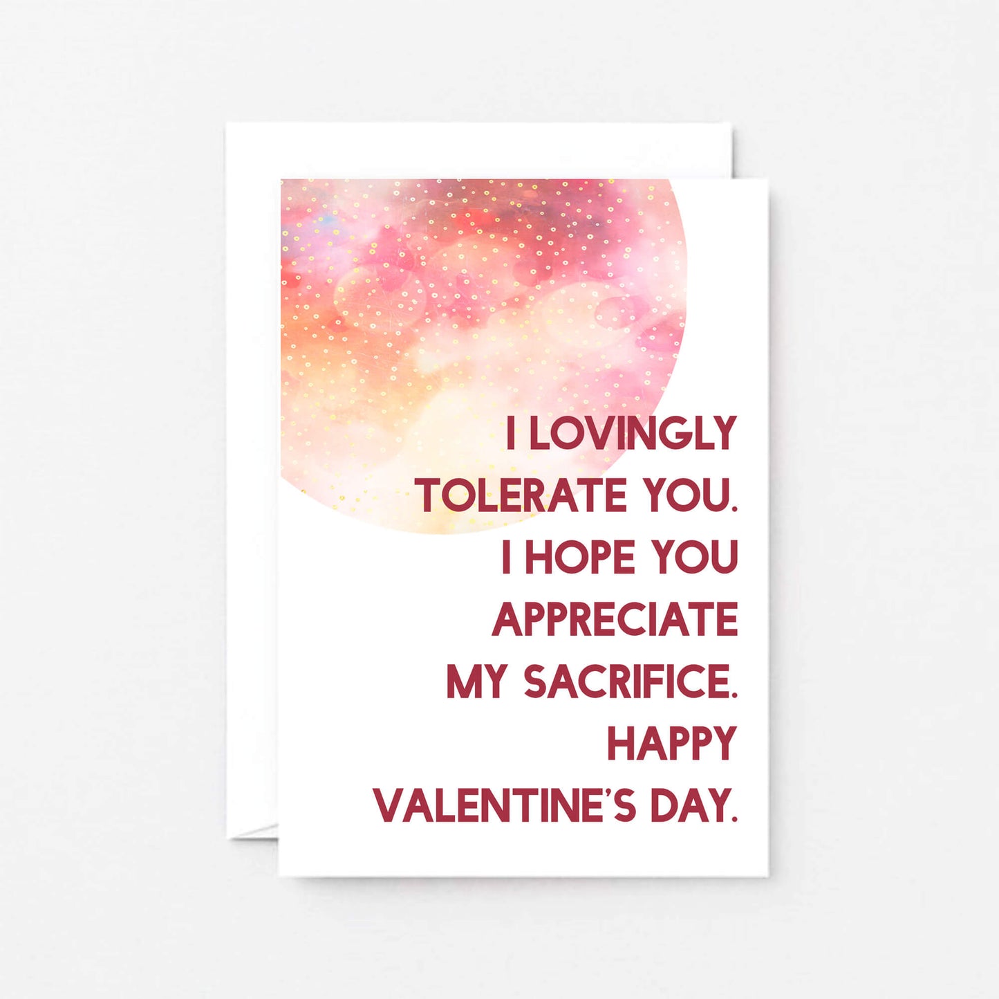 Valentine Card by SixElevenCreations. Reads I lovingly tolerate you. I hope you appreciate my sacrifice. Happy Valentine's Day. Product Code SEV0023A6