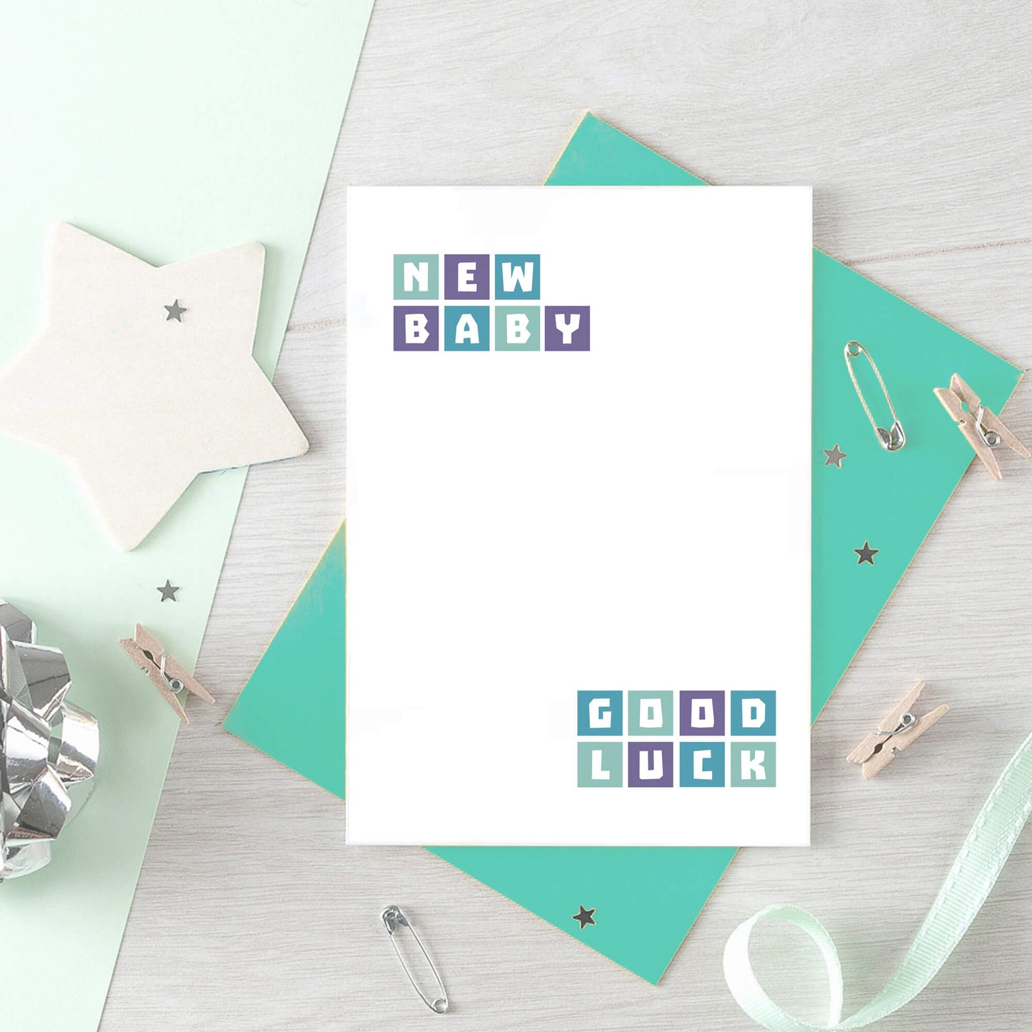 New Baby Card by SixElevenCreations. Reads New baby Good luck. Product Code SE0243A6