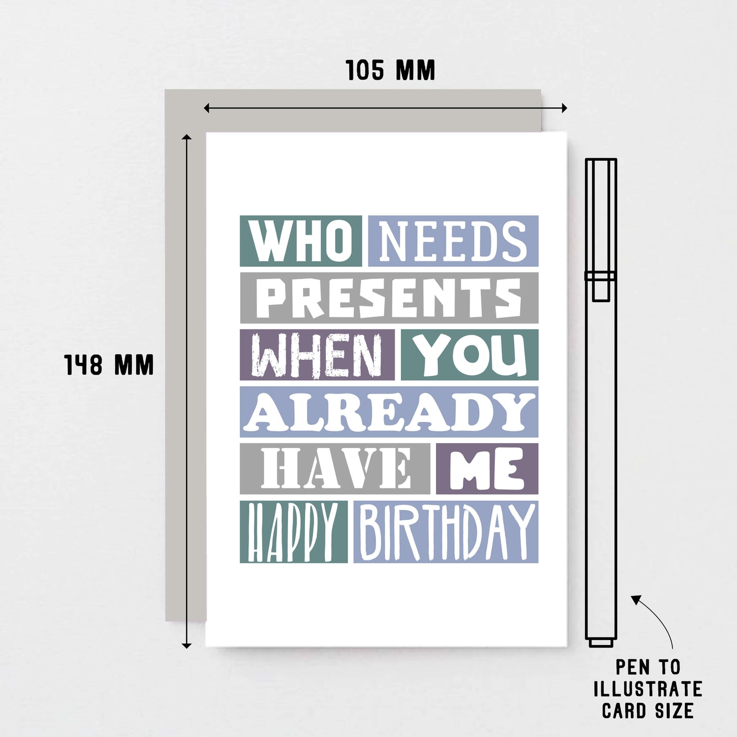 Funny Birthday Card by SixElevenCreations. Reads Who needs presents when you already have me. Happy birthday. Product Code SE0111A6