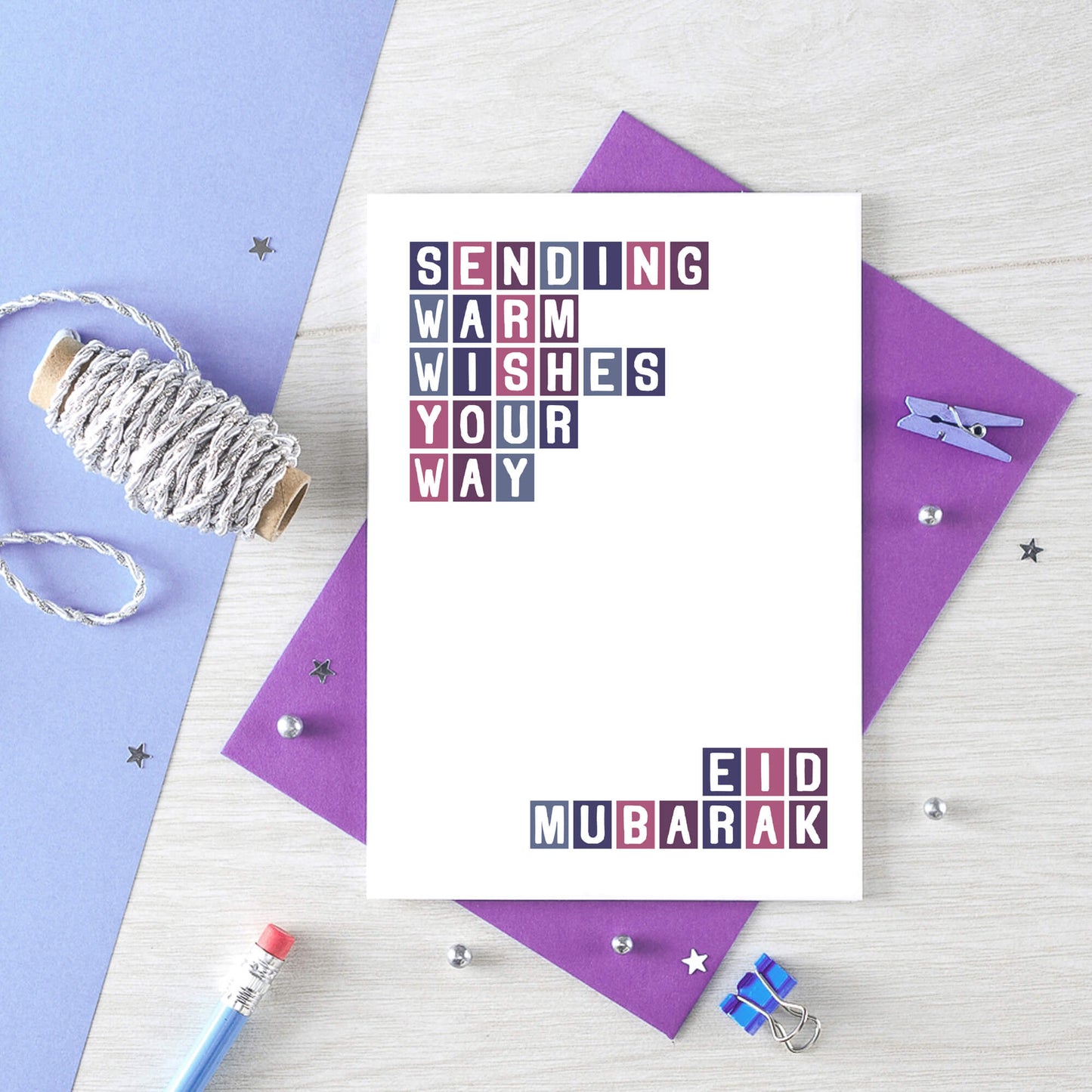 Eid Card by SixElevenCreations. Reads Sending warm wishes your way. Eid Mubarak. Product Code SEH0012A6