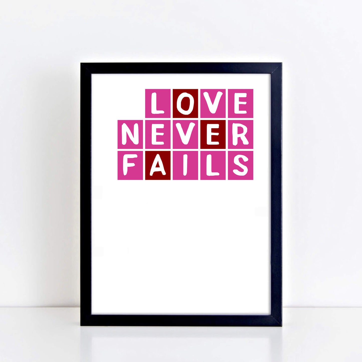 Love Never Fails Print in pink and red by SixElevenCreations. Product Code SEP0087