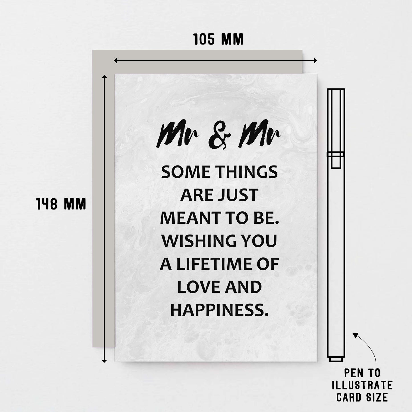 Gay Wedding Congratulations Card by SixElevenCreations. Reads Mr & Mr Some things are just meant to be. Wishing you a lifetime of love and happiness. Product Code SE3017A6