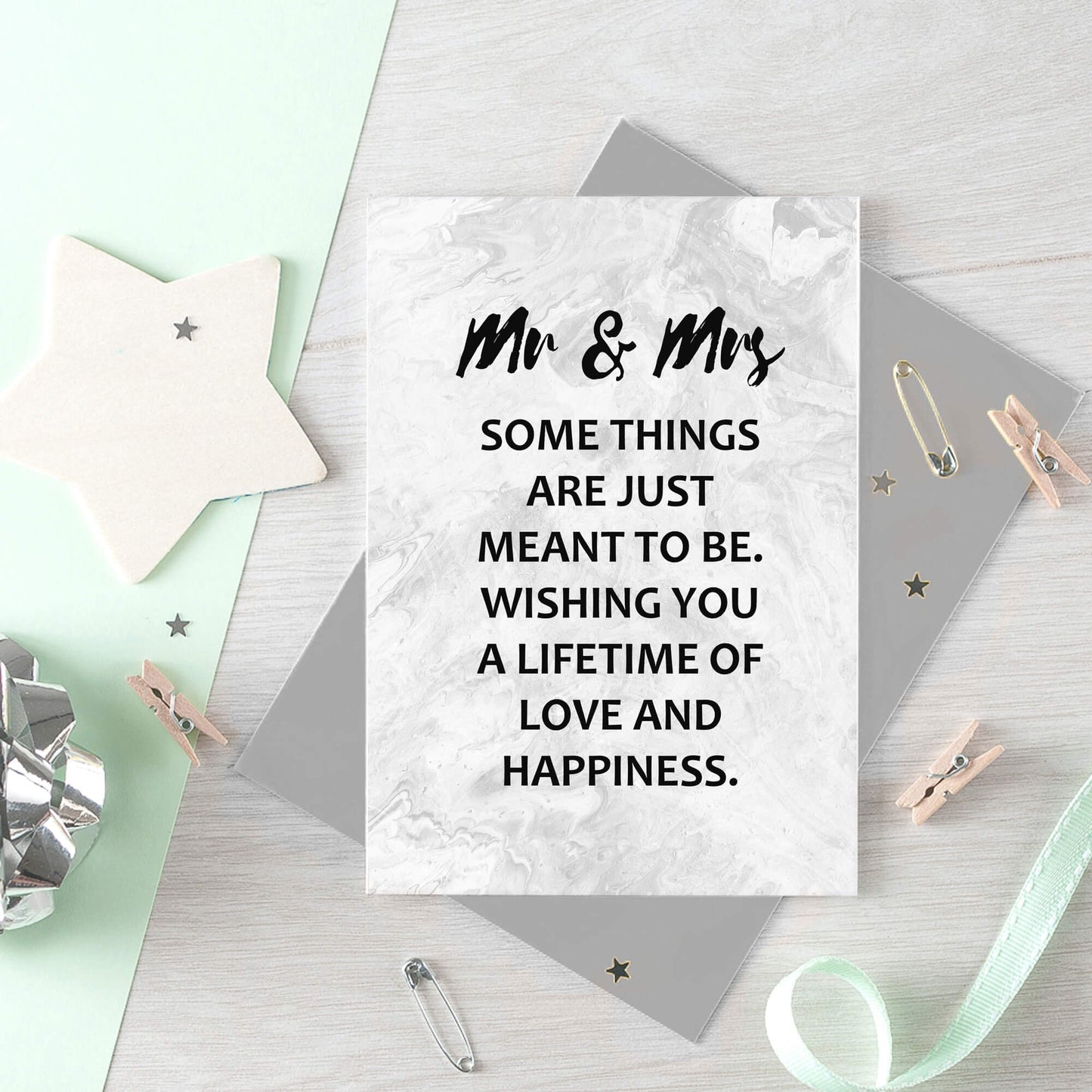 Wedding Congratulations Card by SixElevenCreations. Reads Mr & Mrs Some things are just meant to be. Wishing you a lifetime of love and happiness. Product Code SE3016A6