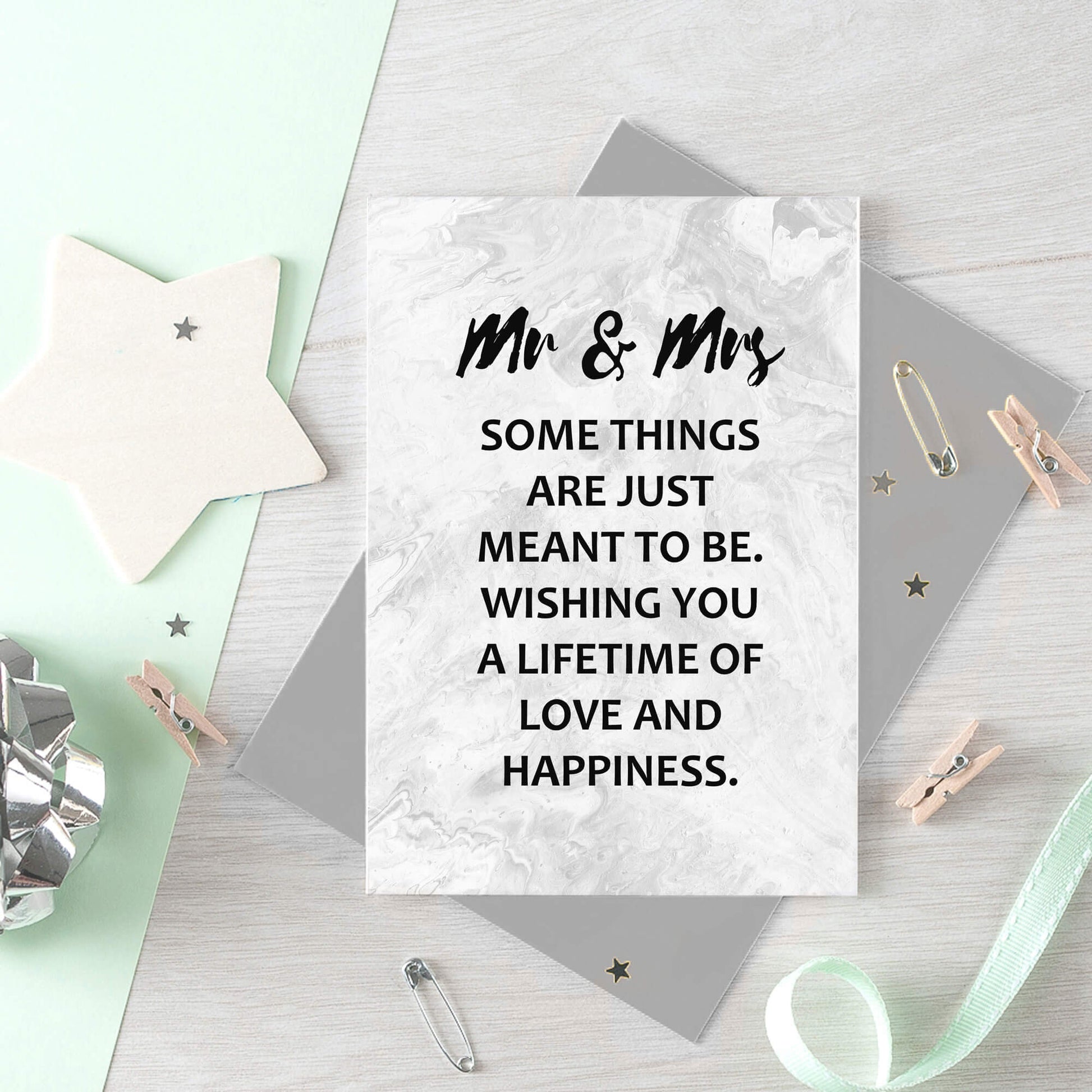 Wedding Congratulations Card by SixElevenCreations. Reads Mr & Mrs Some things are just meant to be. Wishing you a lifetime of love and happiness. Product Code SE3016A6