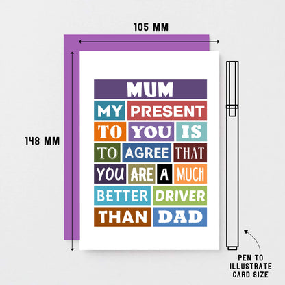 Mum Birthday Card by SixElevenCreations. Reads Mum My present to you is to agree that you are a much better driver than dad. Product Code SE0126A6