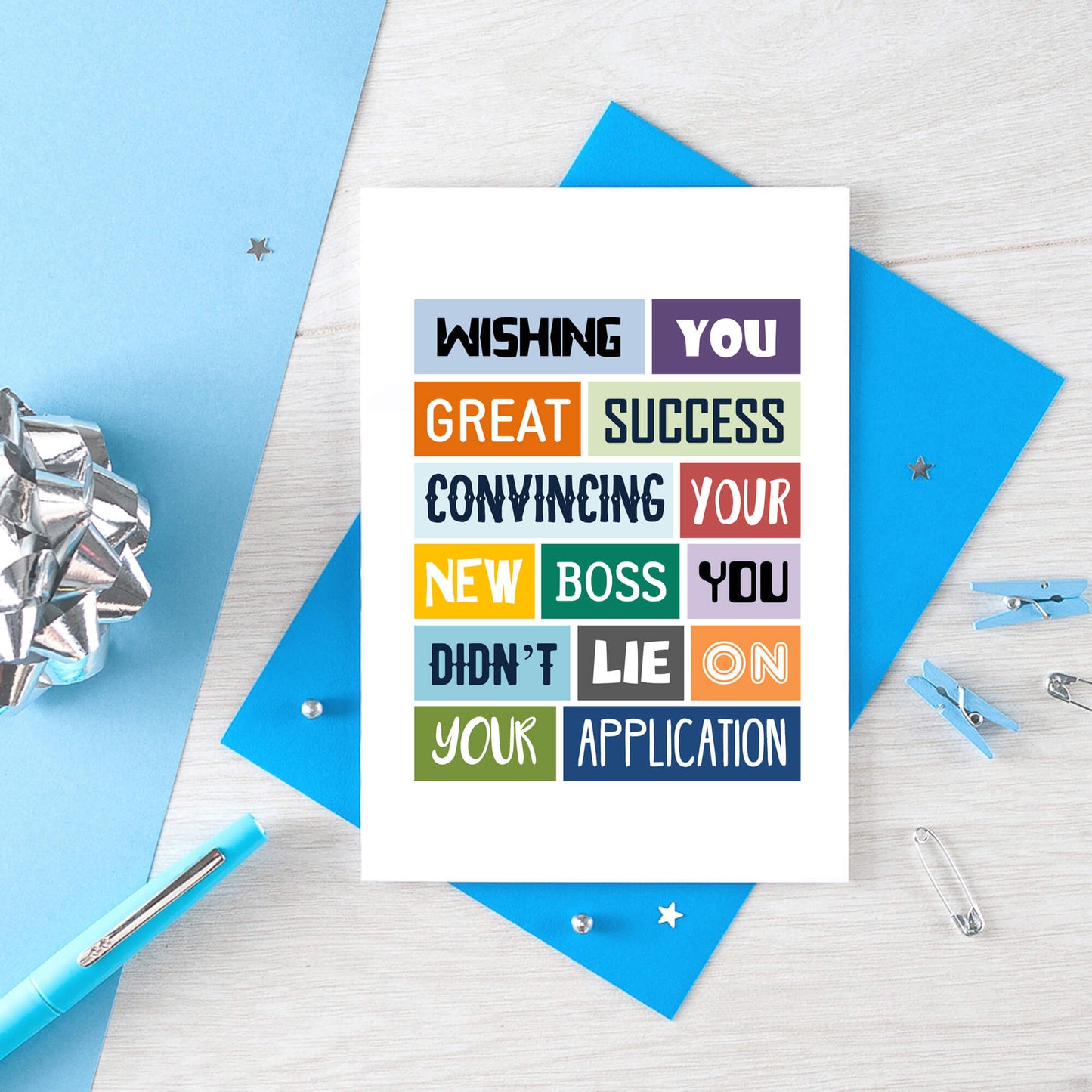 Funny New Job Card by SixElevenCreations. Reads Wishing you great success convincing your new boss you didn't lie on your application. Product code SE0021A6