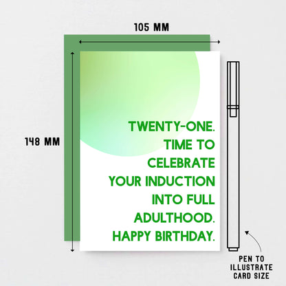 21st Birthday Card by SixElevenCreations. Reads Twenty-one. Time to celebrate your induction into full adulthood. Happy birthday. Product Code SE2053A6