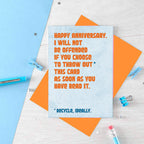 Anniversary Card by SixElevenCreations. Card reads Happy Anniversary. I will not be offended if you choose to throw out this card as soon as you have read it. Recycle, ideally. Product Code SE1303A6