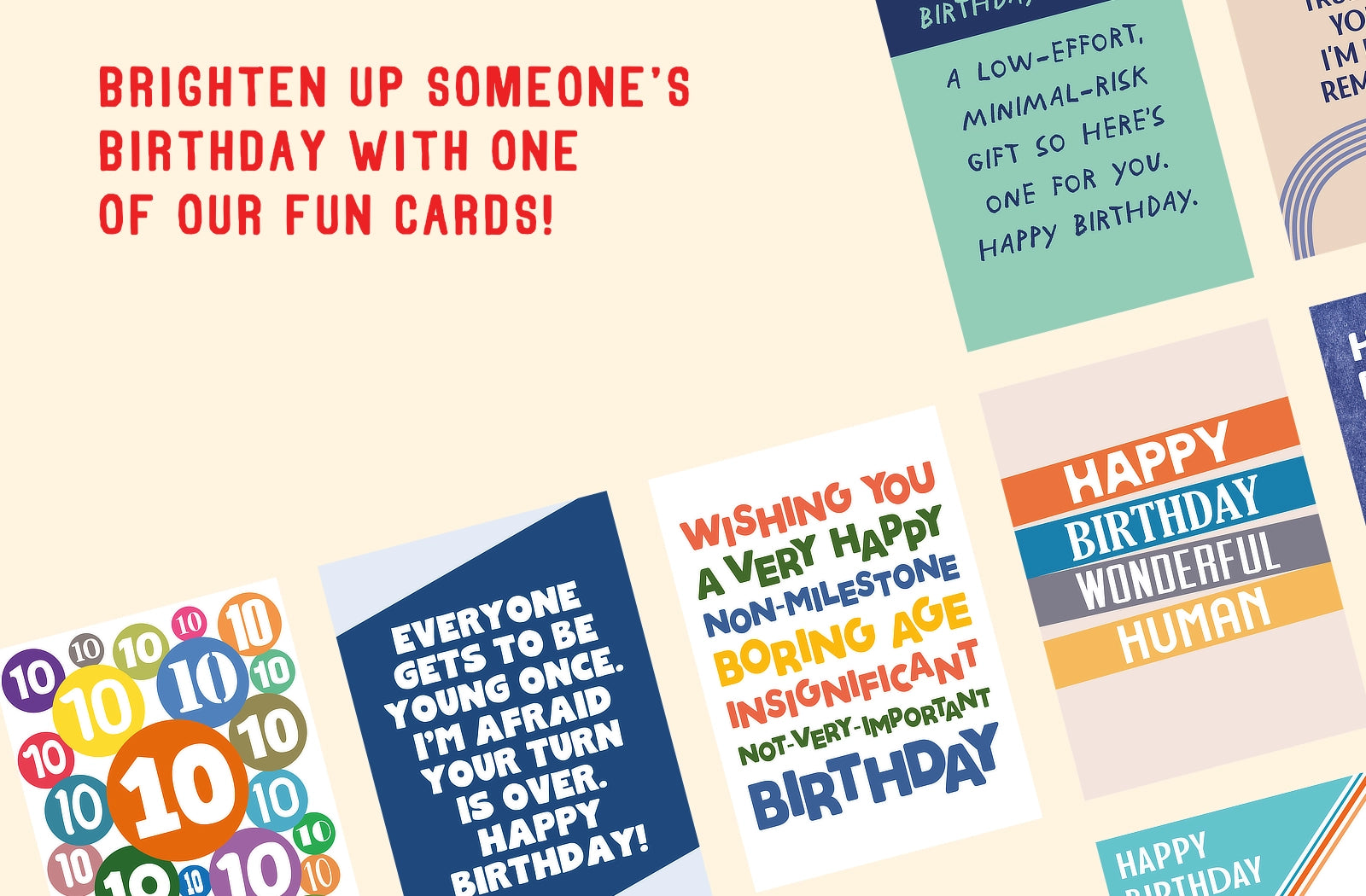 Collection of humorous birthday cards on a beige background with promotional text.