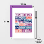 Daughter-in-Law Birthday Card by SixElevenCreations. Reads Daughter-in-Law There are lots of great people in our family but you're special. You volunteered. Happy birthday. Product Code SE0343A6