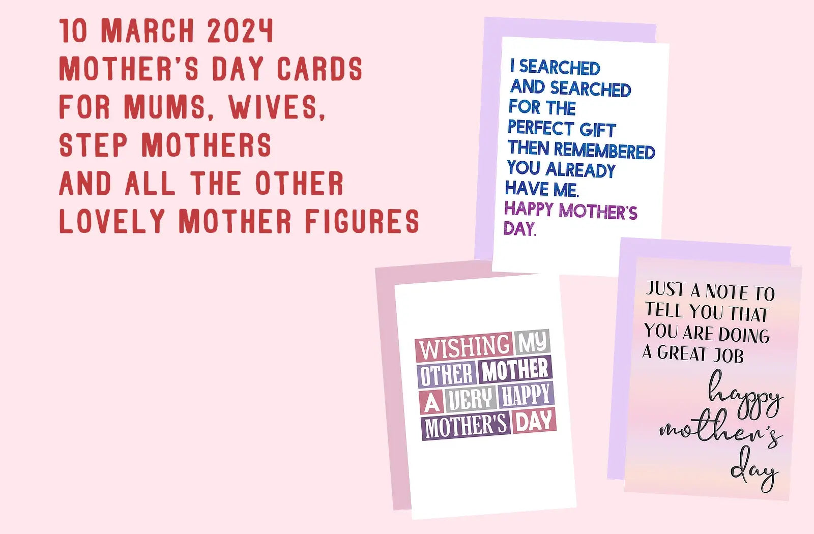 A pink banner with 3 Mother's Day cards designed by SixElevenCreations. The banner also has a reminder that Mother's Day is 10th March 2024 and that SixElevenCreations has cards for all the mother figures in your life