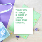 New Baby Card by SixElevenCreations. Reads You are now officially in charge of another human being. Good luck. Product Code SE2008A6