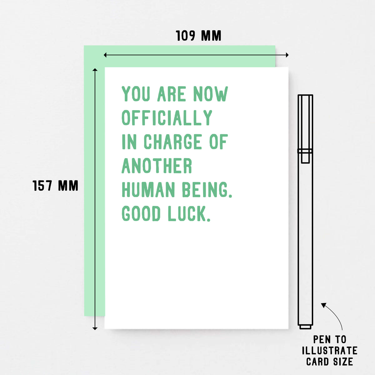New Baby Card by SixElevenCreations. Reads You are now officially in charge of another human being. Good luck. Product Code SE2008A6
