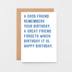 Birthday Card by SixElevenCreations. Reads A good friend remembers your birthday. A great friend forgets which birthday it is. Happy birthday. Product Code SE2002A6