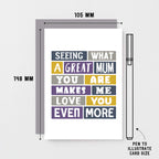 Mum Card From Partner by SixElevenCreations. Reads Seeing what a great mum you are makes me love you even more. Product Code SE0035A6