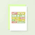Son-in-Law Birthday Card by SixElevenCreations. Reads Happy Birthday Son-in-Law Another year of surviving our family. Product Code SE0350A6