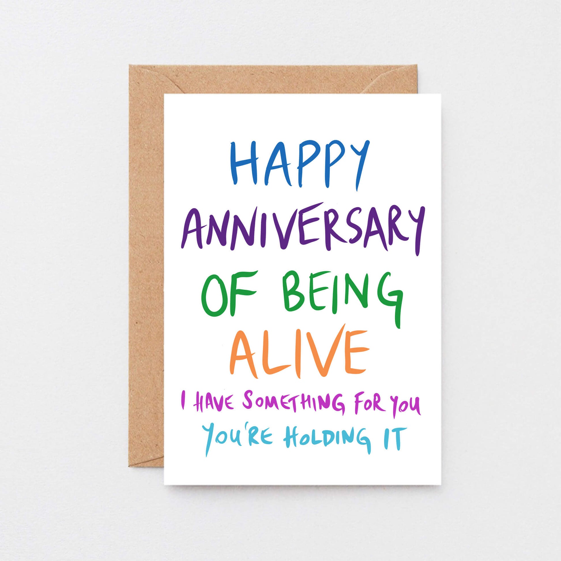 Birthday Card by SixElevenCreations. Reads Happy anniversary of being alive. I have something for you. You're holding it. Product Code SE1002A6