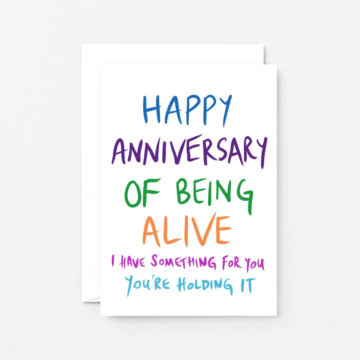 Birthday Card by SixElevenCreations. Reads Happy anniversary of being alive. I have something for you. You're holding it. Product Code SE1002A6