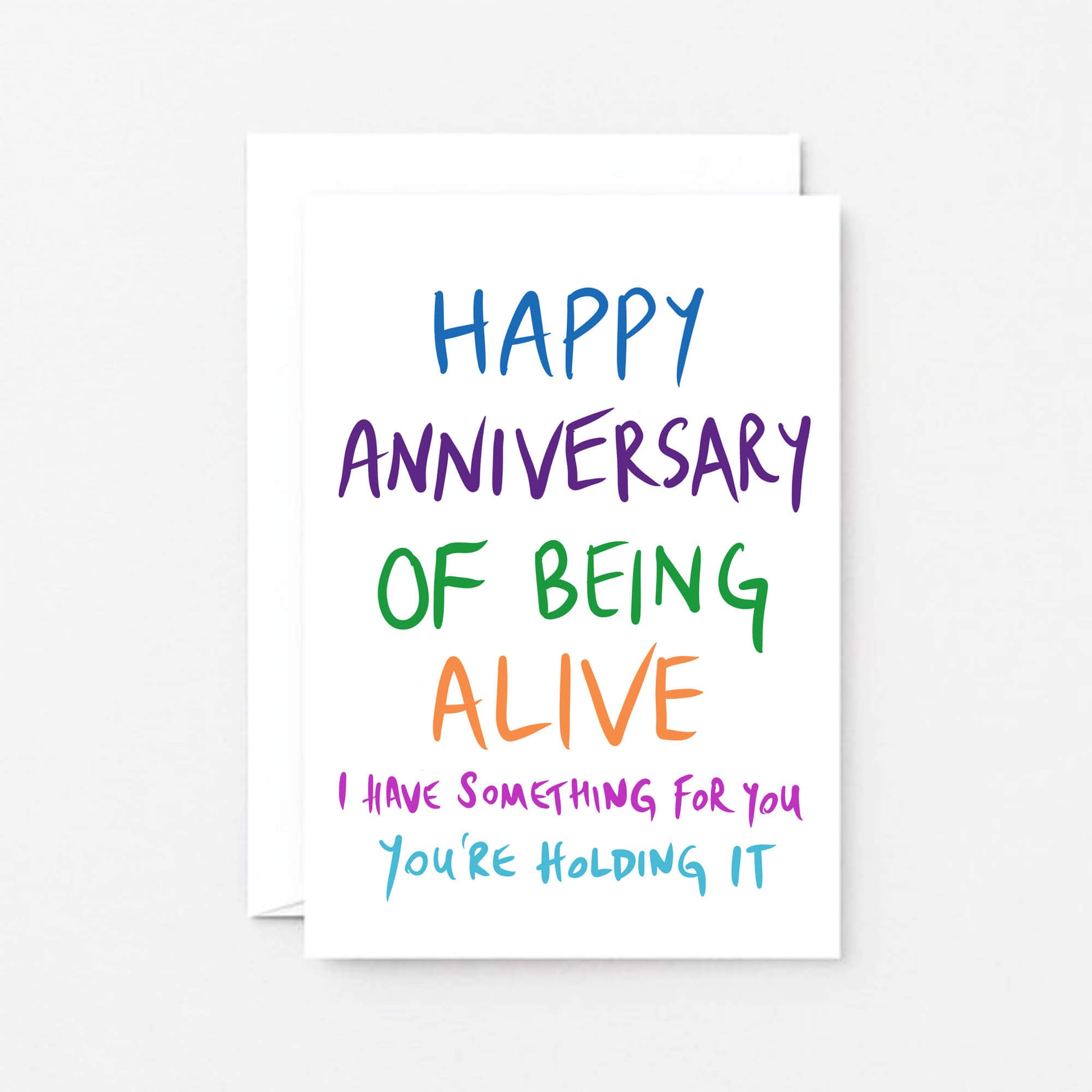 Birthday Card by SixElevenCreations. Reads Happy anniversary of being alive. I have something for you. You're holding it. Product Code SE1002A6