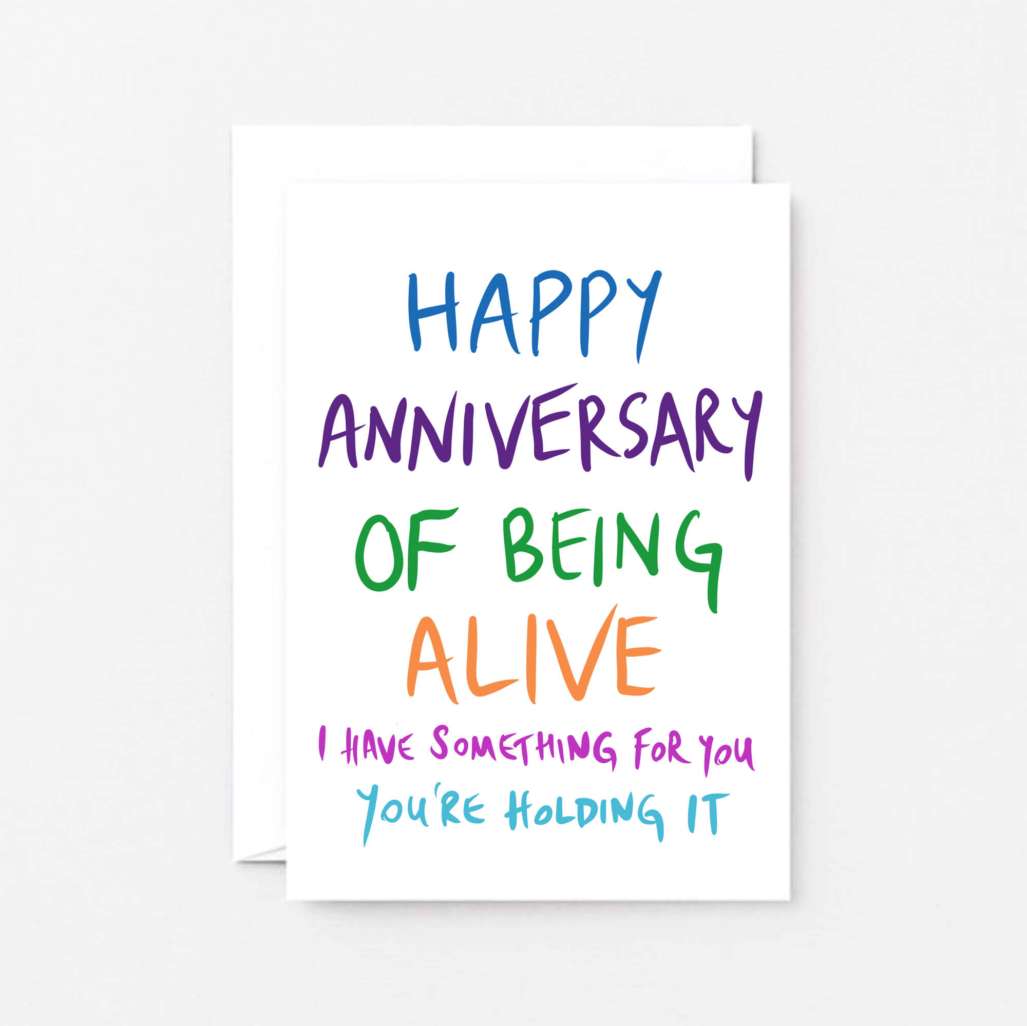 Birthday Card by SixElevenCreations. Reads Happy anniversary of being alive. I have something for you. You're holding it. Product Code SE1002A6