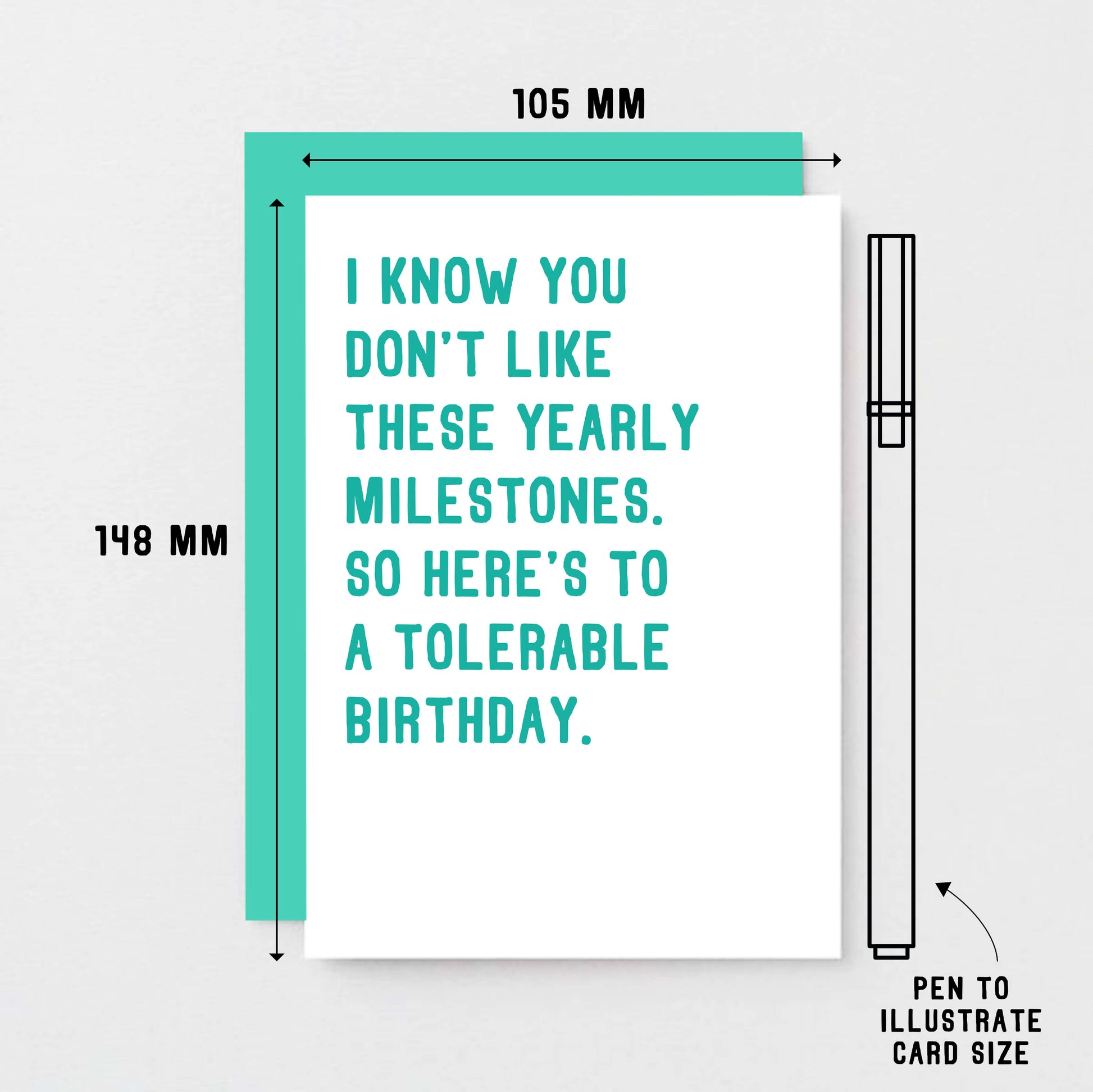 Birthday Card by SixElevenCreations. Reads I know you don't like these yearly milestones. So here's to a tolerable birthday. Product Code SE2004A6