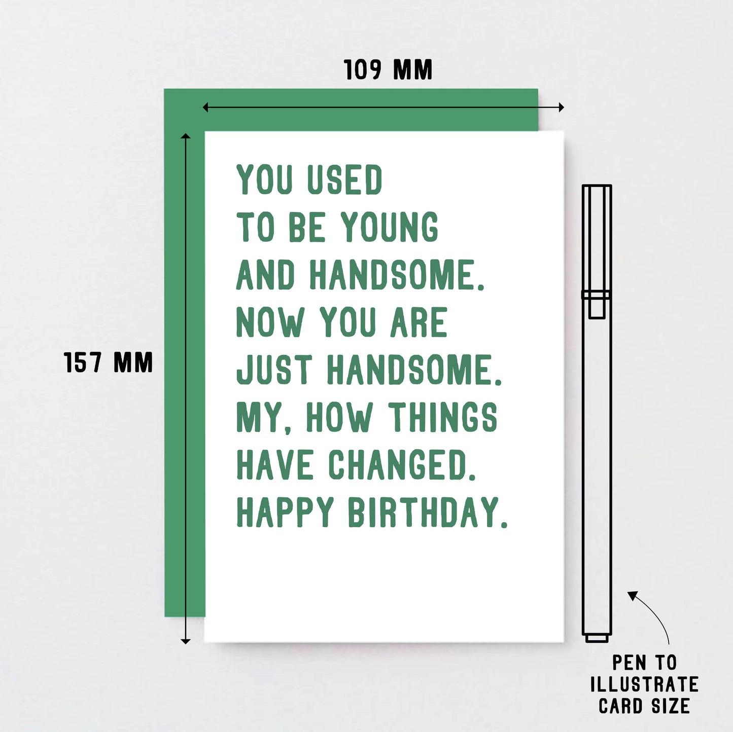 Birthday Card by SixElevenCreations. Reads You used to be young and handsome. Now you are just handsome. My, how things have changed. Happy birthday. Product Code SE2048A6