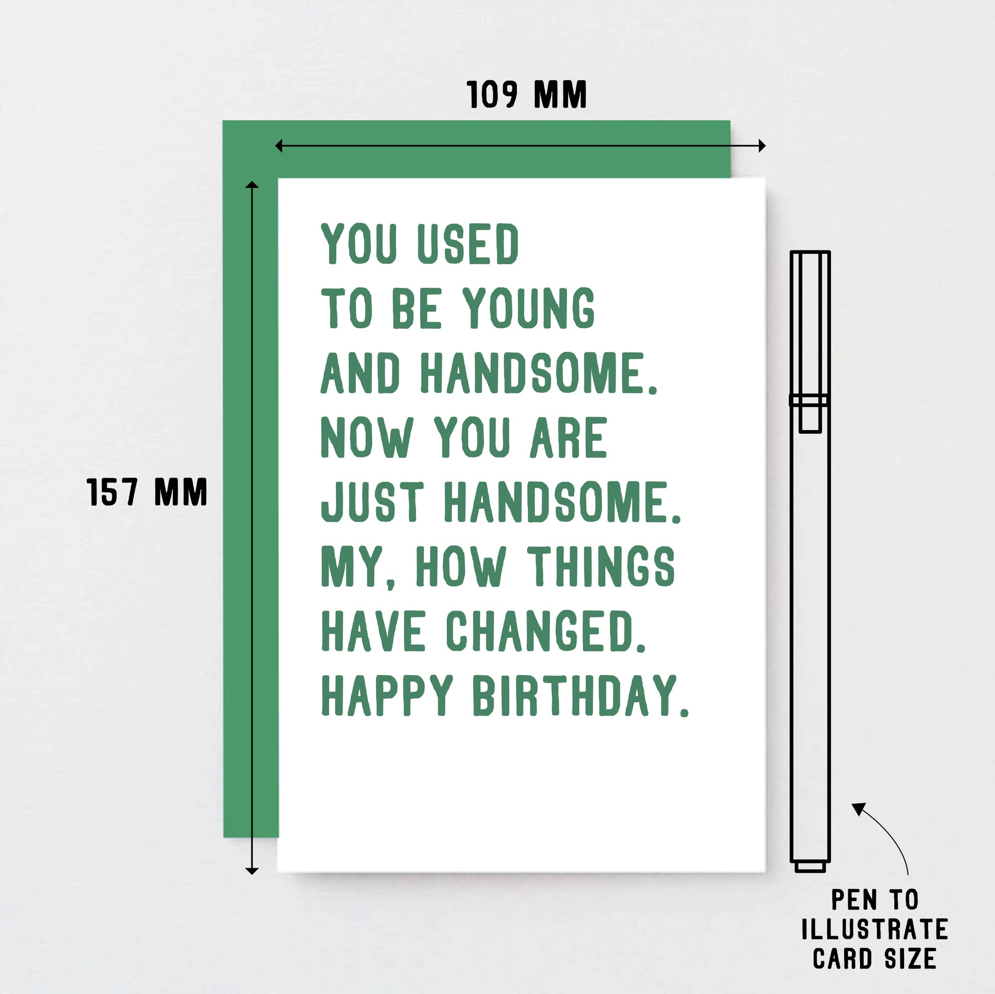Birthday Card by SixElevenCreations. Reads You used to be young and handsome. Now you are just handsome. My, how things have changed. Happy birthday. Product Code SE2048A6