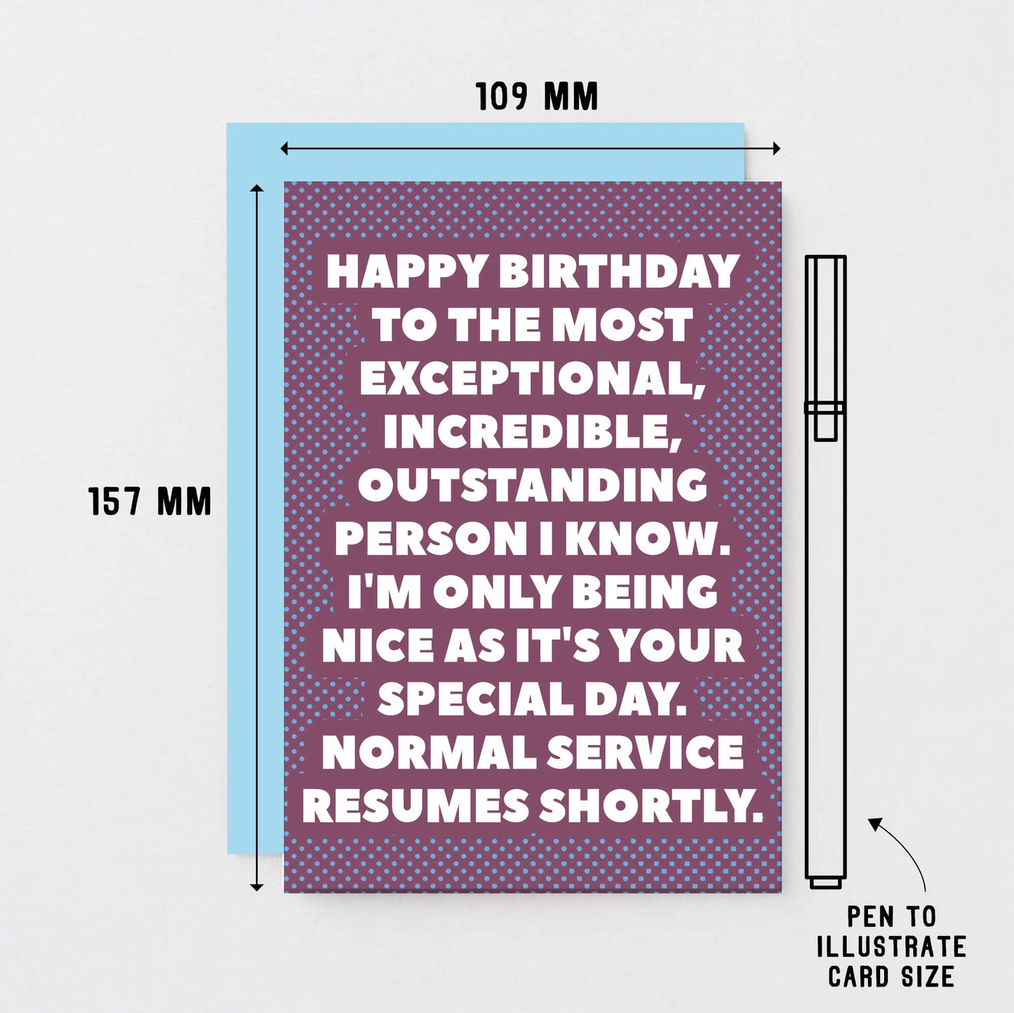 Birthday Card by SixElevenCreations. Reads Happy birthday to the most exceptional, incredible, outstanding person I know. I'm only being nice as it's your special day. Normal service resumes shortly. Product Code SE2706A6