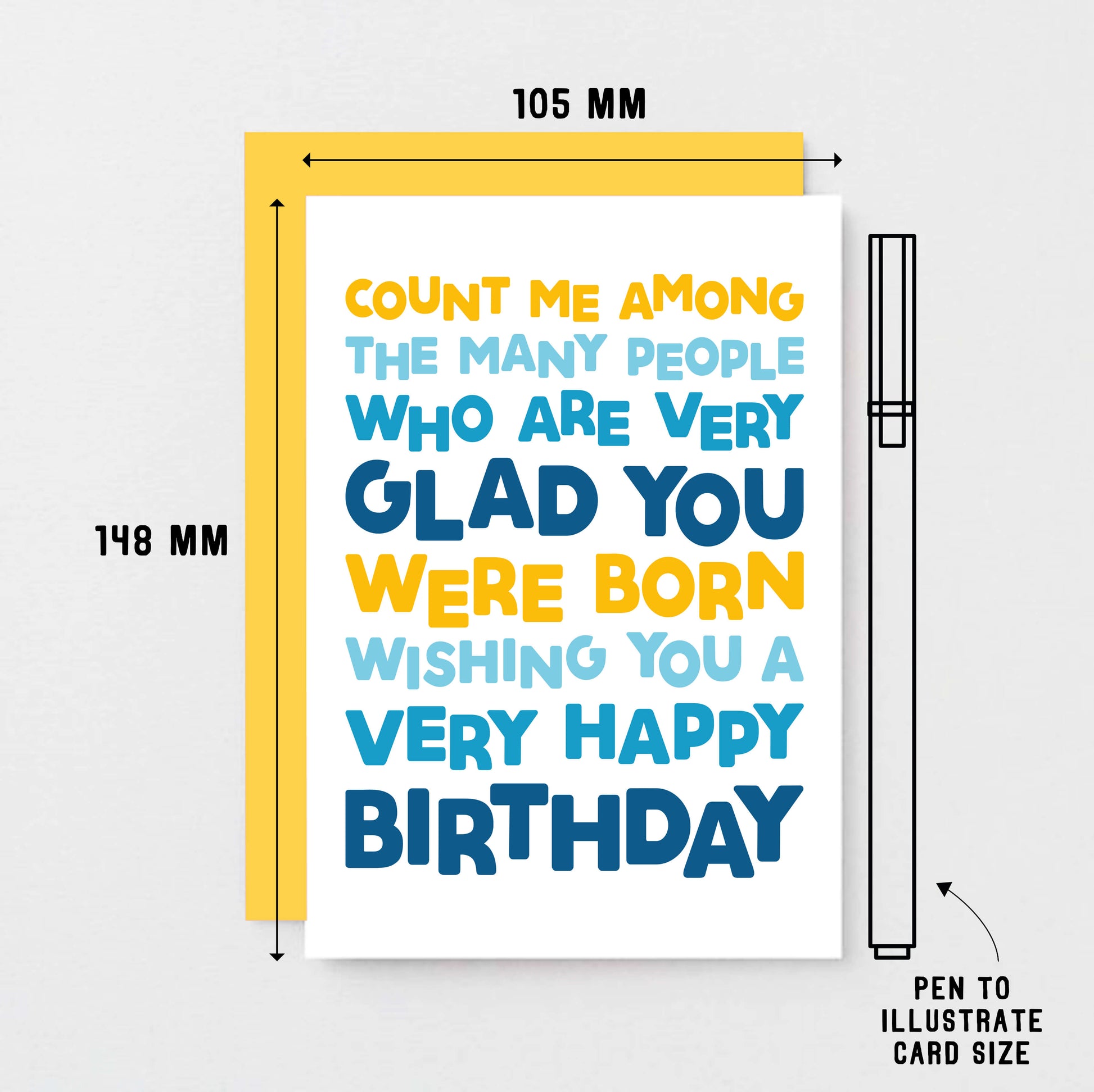 Birthday Card by SixElevenCreations. Reads Count me among the many people who are very glad you were born. Wishing you a very happy birthday. Product Code SE0703A6