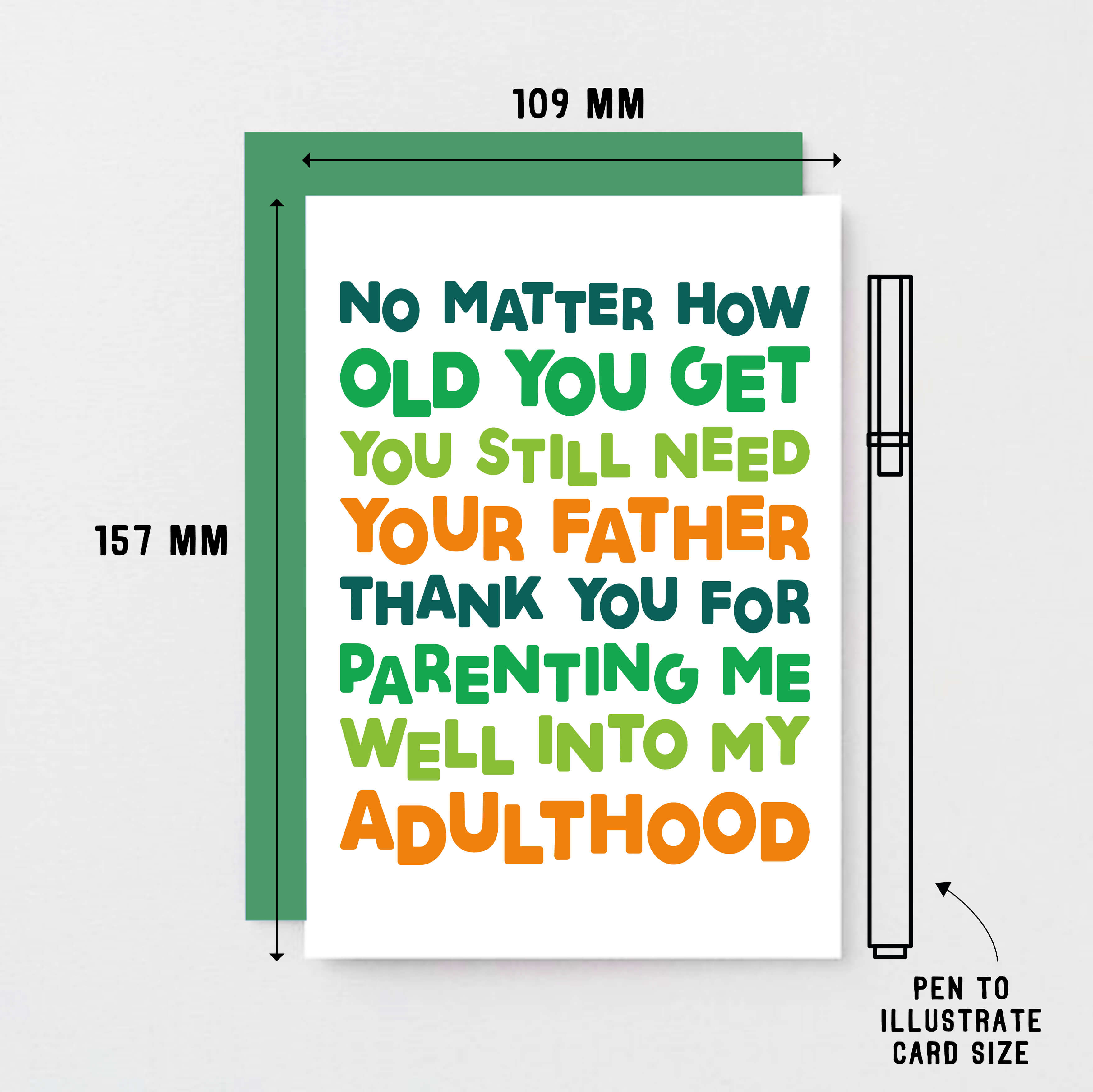 Dad Card by SixElevenCreations. Reads No matter how old you get you still need your father. Thank you for parenting me well into my adulthood. Product Code SE0711A6