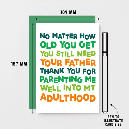 Dad Card by SixElevenCreations. Reads No matter how old you get you still need your father. Thank you for parenting me well into my adulthood. Product Code SE0711A6