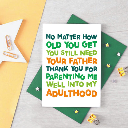 Dad Card by SixElevenCreations. Reads No matter how old you get you still need your father. Thank you for parenting me well into my adulthood. Product Code SE0711A6
