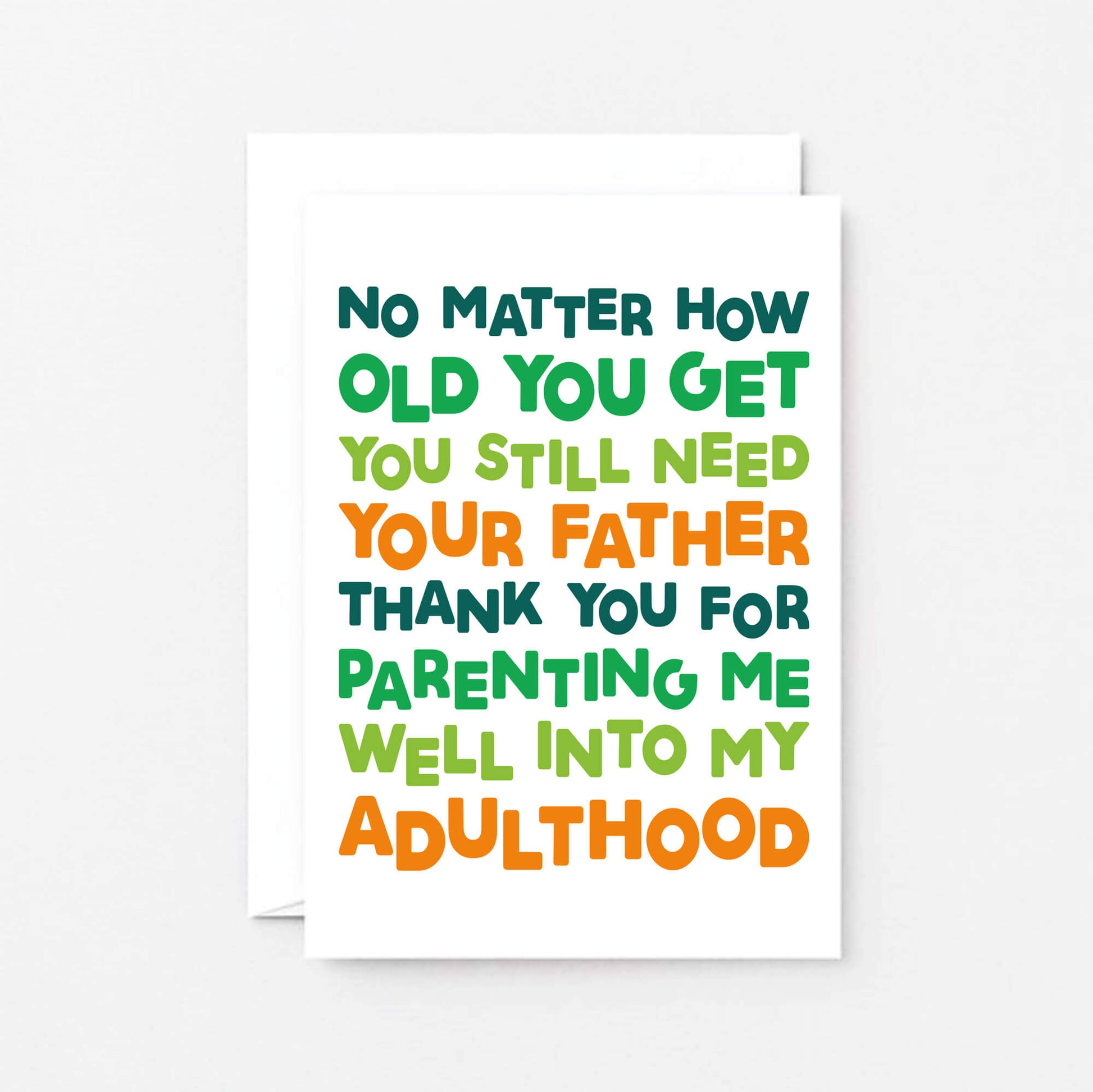 Dad Card by SixElevenCreations. Reads No matter how old you get you still need your father. Thank you for parenting me well into my adulthood. Product Code SE0711A6