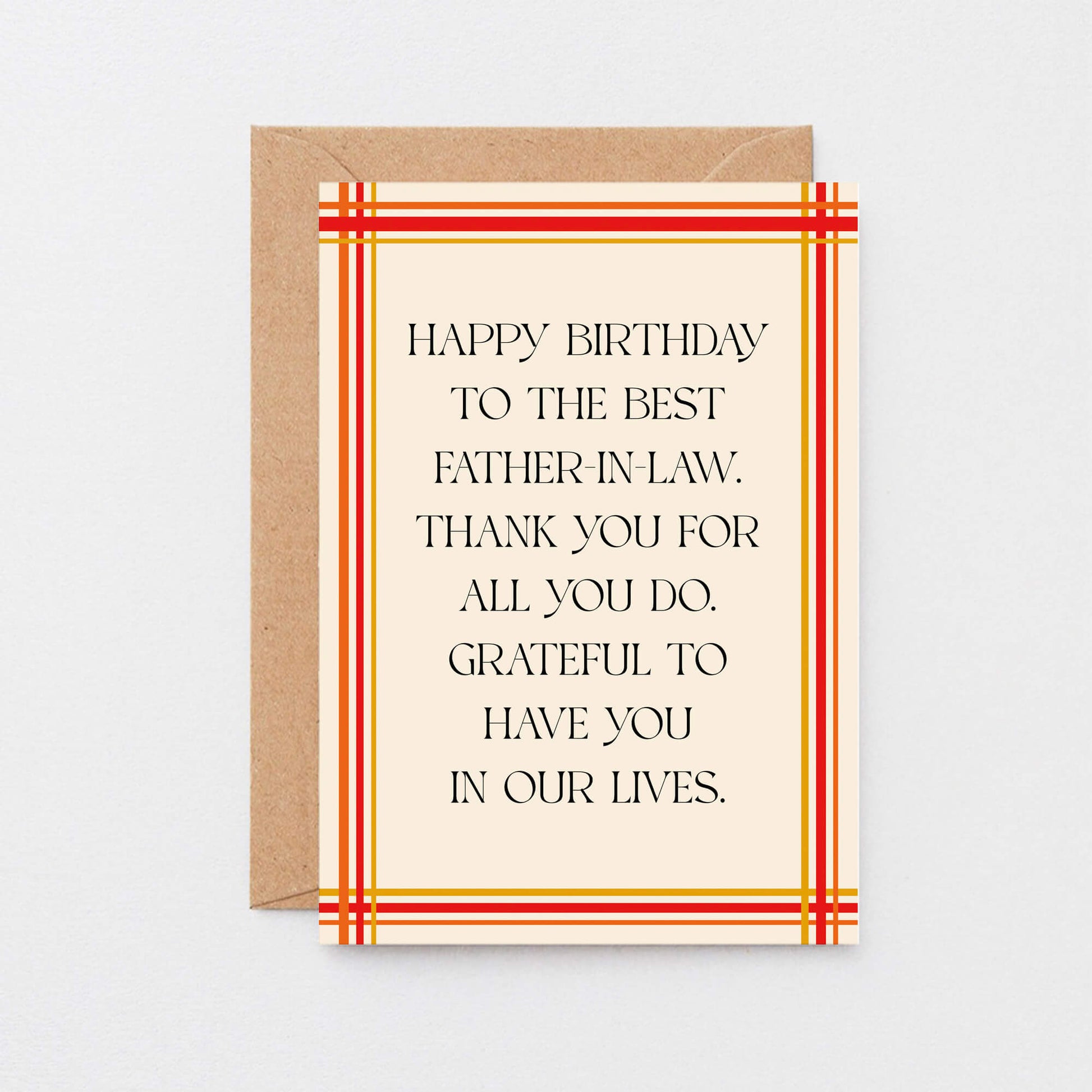 Father-in-Law Birthday Card by SixElevenCreations. Reads Happy birthday to the best father-in-law. Thank you for all you do. Grateful to have you in our lives. Product Code SE0902A6
