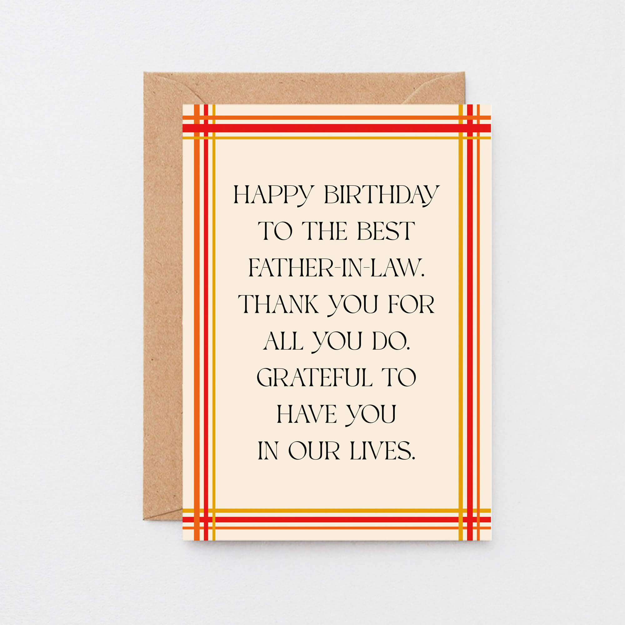 Father-in-Law Birthday Card by SixElevenCreations. Reads Happy birthday to the best father-in-law. Thank you for all you do. Grateful to have you in our lives. Product Code SE0902A6