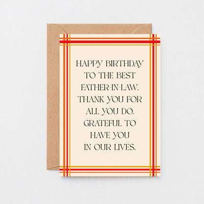 Father-in-Law Birthday Card by SixElevenCreations. Reads Happy birthday to the best father-in-law. Thank you for all you do. Grateful to have you in our lives. Product Code SE0902A6