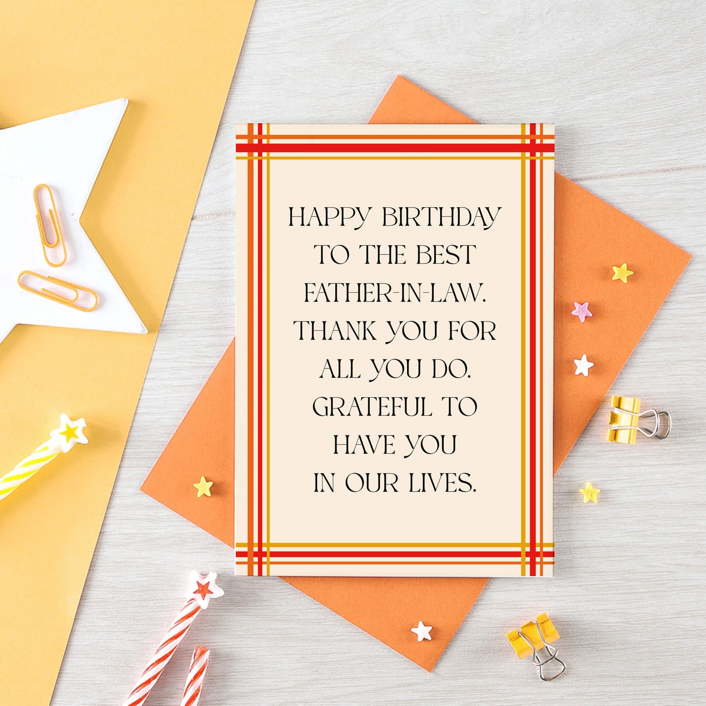 Father-in-Law Birthday Card by SixElevenCreations. Reads Happy birthday to the best father-in-law. Thank you for all you do. Grateful to have you in our lives. Product Code SE0902A6