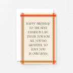 Father-in-Law Birthday Card by SixElevenCreations. Reads Happy birthday to the best father-in-law. Thank you for all you do. Grateful to have you in our lives. Product Code SE0902A6