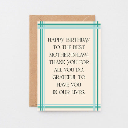 Mother-in-Law Birthday Card by SixElevenCreations. Reads Happy birthday to the best mother-in-law. Thank you for all you do. Grateful to have you in our lives. Product Code SE0903A6