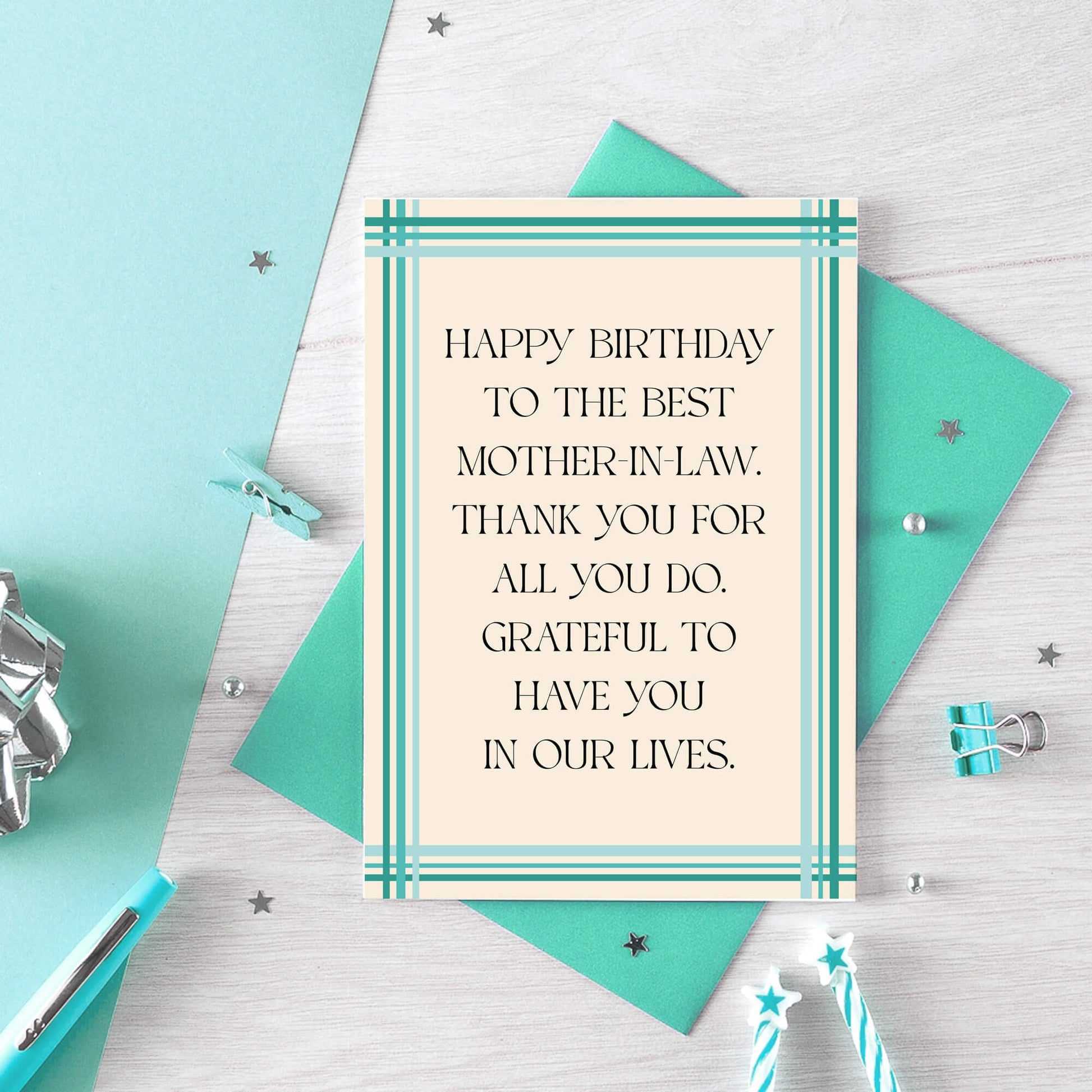 Mother-in-Law Birthday Card by SixElevenCreations. Reads Happy birthday to the best mother-in-law. Thank you for all you do. Grateful to have you in our lives. Product Code SE0903A6