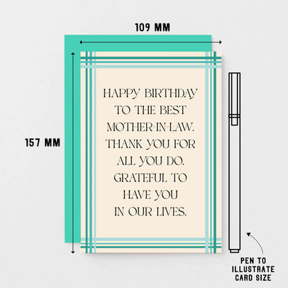 Mother-in-Law Birthday Card by SixElevenCreations. Reads Happy birthday to the best mother-in-law. Thank you for all you do. Grateful to have you in our lives. Product Code SE0903A6