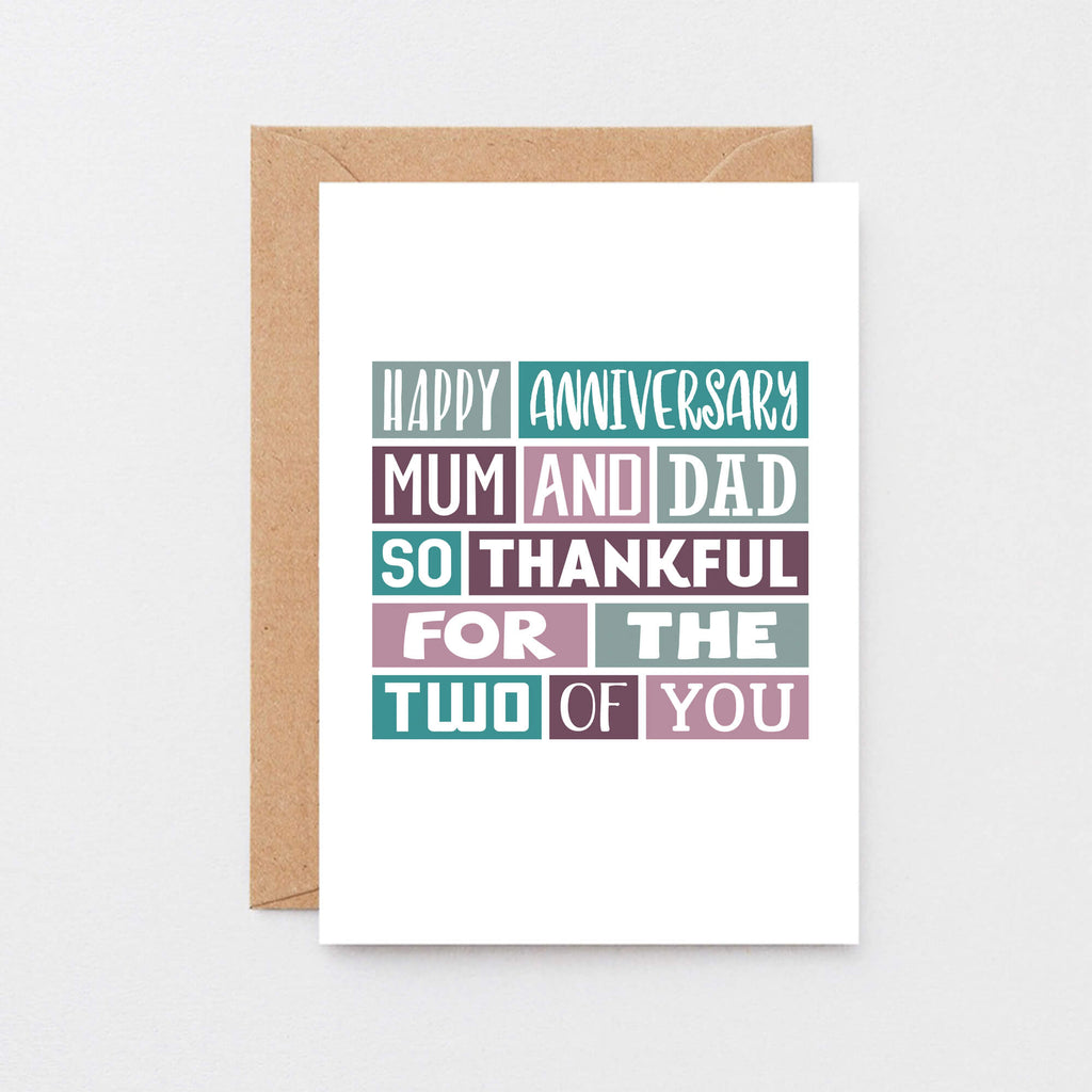 Parents Anniversary Card by SixElevenCreations. Reads Happy anniversary mum and dad. So thankful for the two of you. Product Code SE0063A5