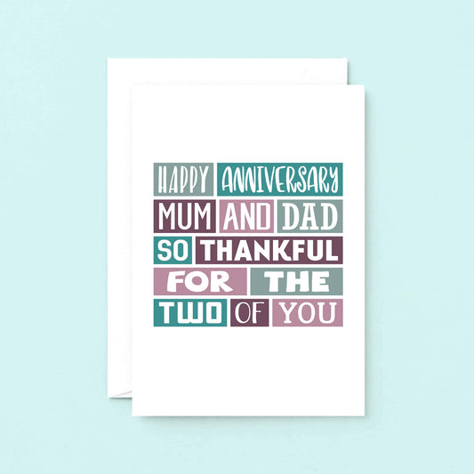 Parents Anniversary Card by SixElevenCreations. Reads Happy anniversary mum and dad. So thankful for the two of you. Product Code SE0063A5