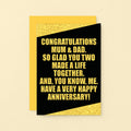 Parents Anniversary Card by SixElevenCreations. Reads Congratulations Mum & Dad. So glad you two made a life together. And, you know, me. Have a very happy anniversary! Product Code SE0857A6