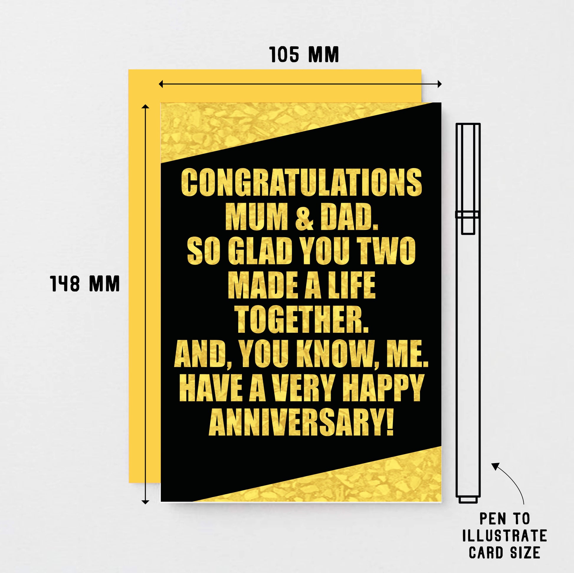 Parents Anniversary Card by SixElevenCreations. Reads Congratulations Mum & Dad. So glad you two made a life together. And, you know, me. Have a very happy anniversary! Product Code SE0857A6
