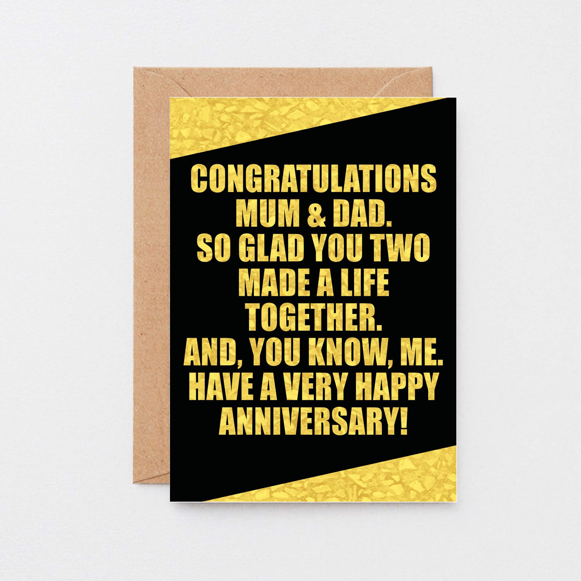 Parents Anniversary Card by SixElevenCreations. Reads Congratulations Mum & Dad. So glad you two made a life together. And, you know, me. Have a very happy anniversary! Product Code SE0857A6