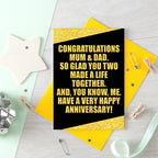 Parents Anniversary Card by SixElevenCreations. Reads Congratulations Mum & Dad. So glad you two made a life together. And, you know, me. Have a very happy anniversary! Product Code SE0857A6