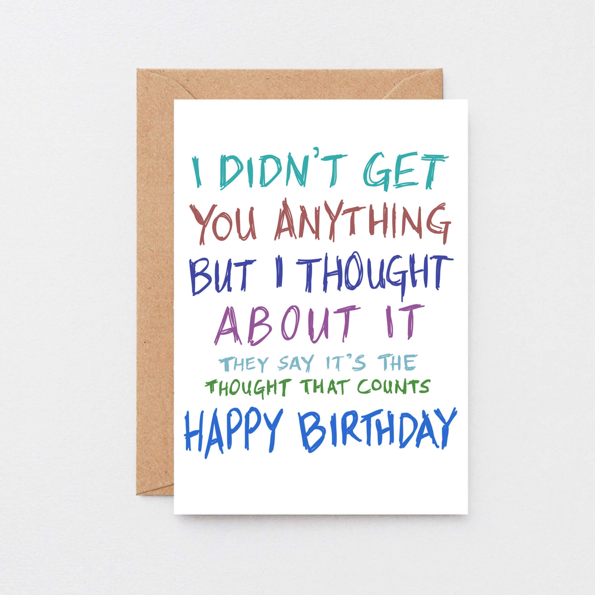 Birthday Card by SixElevenCreations. Reads I didn't get you anything but I thought about it. They say it's the thought that counts. Happy birthday. Product Code SE1003A6